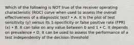 Which of the following is NOT true of the receiver operating characteristic (ROC) curve when used to assess the overall effectiveness of a diagnostic test? • A. It is the plot of test sensitivity (y) versus its 1-specificity or false positive rate (FPR) (x) • B. It can take on any value between 0 and 1 • C. It depends on prevalence • D. It can be used to assess the performance of a test independently of the decision threshold