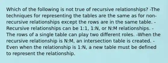 Which of the following is not true of recursive relationships? -The techniques for representing the tables are the same as for non-recursive relationships except the rows are in the same table. -Recursive relationships can be 1:1, 1:N, or N:M relationships. -The rows of a single table can play two different roles. -When the recursive relationship is N:M, an intersection table is created. -Even when the relationship is 1:N, a new table must be defined to represent the relationship.