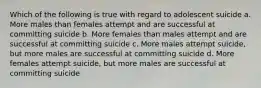 Which of the following is true with regard to adolescent suicide a. More males than females attempt and are successful at committing suicide b. More females than males attempt and are successful at committing suicide c. More males attempt suicide, but more males are successful at committing suicide d. More females attempt suicide, but more males are successful at committing suicide