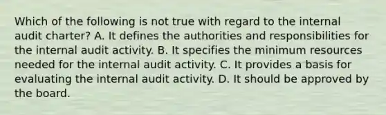 Which of the following is not true with regard to the internal audit charter? A. It defines the authorities and responsibilities for the internal audit activity. B. It specifies the minimum resources needed for the internal audit activity. C. It provides a basis for evaluating the internal audit activity. D. It should be approved by the board.