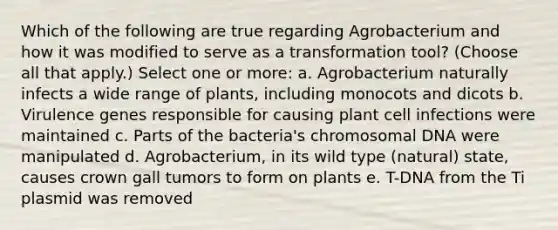 Which of the following are true regarding Agrobacterium and how it was modified to serve as a transformation tool? (Choose all that apply.) Select one or more: a. Agrobacterium naturally infects a wide range of plants, including monocots and dicots b. Virulence genes responsible for causing plant cell infections were maintained c. Parts of the bacteria's chromosomal DNA were manipulated d. Agrobacterium, in its wild type (natural) state, causes crown gall tumors to form on plants e. T-DNA from the Ti plasmid was removed