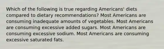 Which of the following is true regarding Americans' diets compared to dietary recommendations? Most Americans are consuming inadequate amounts of vegetables. Most Americans are consuming excessive added sugars. Most Americans are consuming excessive sodium. Most Americans are consuming excessive saturated fats.