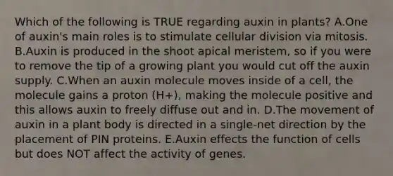 Which of the following is TRUE regarding auxin in plants? A.One of auxin's main roles is to stimulate cellular division via mitosis. B.Auxin is produced in the shoot apical meristem, so if you were to remove the tip of a growing plant you would cut off the auxin supply. C.When an auxin molecule moves inside of a cell, the molecule gains a proton (H+), making the molecule positive and this allows auxin to freely diffuse out and in. D.The movement of auxin in a plant body is directed in a single-net direction by the placement of PIN proteins. E.Auxin effects the function of cells but does NOT affect the activity of genes.