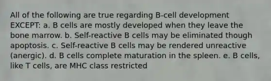 All of the following are true regarding B-cell development EXCEPT: a. B cells are mostly developed when they leave the bone marrow. b. Self-reactive B cells may be eliminated though apoptosis. c. Self-reactive B cells may be rendered unreactive (anergic). d. B cells complete maturation in the spleen. e. B cells, like T cells, are MHC class restricted