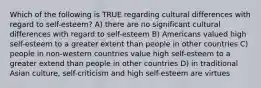 Which of the following is TRUE regarding cultural differences with regard to self-esteem? A) there are no significant cultural differences with regard to self-esteem B) Americans valued high self-esteem to a greater extent than people in other countries C) people in non-western countries value high self-esteem to a greater extend than people in other countries D) in traditional Asian culture, self-criticism and high self-esteem are virtues