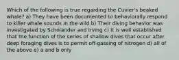 Which of the following is true regarding the Cuvier's beaked whale? a) They have been documented to behaviorally respond to killer whale sounds in the wild b) Their diving behavior was investigated by Scholander and Irving c) It is well established that the function of the series of shallow dives that occur after deep foraging dives is to permit off-gassing of nitrogen d) all of the above e) a and b only