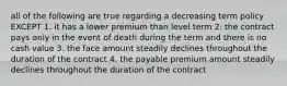 all of the following are true regarding a decreasing term policy EXCEPT 1. it has a lower premium than level term 2. the contract pays only in the event of death during the term and there is no cash value 3. the face amount steadily declines throughout the duration of the contract 4. the payable premium amount steadily declines throughout the duration of the contract