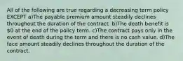 All of the following are true regarding a decreasing term policy EXCEPT a)The payable premium amount steadily declines throughout the duration of the contract. b)The death benefit is 0 at the end of the policy term. c)The contract pays only in the event of death during the term and there is no cash value. d)The face amount steadily declines throughout the duration of the contract.