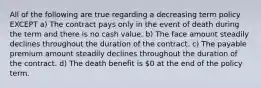 All of the following are true regarding a decreasing term policy EXCEPT a) The contract pays only in the event of death during the term and there is no cash value. b) The face amount steadily declines throughout the duration of the contract. c) The payable premium amount steadily declines throughout the duration of the contract. d) The death benefit is 0 at the end of the policy term.