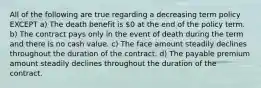 All of the following are true regarding a decreasing term policy EXCEPT a) The death benefit is 0 at the end of the policy term. b) The contract pays only in the event of death during the term and there is no cash value. c) The face amount steadily declines throughout the duration of the contract. d) The payable premium amount steadily declines throughout the duration of the contract.