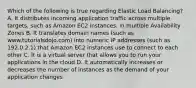 Which of the following is true regarding Elastic Load Balancing? A. It distributes incoming application traffic across multiple targets, such as Amazon EC2 instances, in multiple Availability Zones B. It translates domain names (such as www.tutorialsdojo.com) into numeric IP addresses (such as 192.0.2.1) that Amazon EC2 instances use to connect to each other C. It is a virtual server that allows you to run your applications in the cloud D. It automatically increases or decreases the number of instances as the demand of your application changes