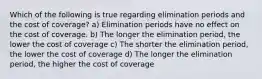 Which of the following is true regarding elimination periods and the cost of coverage? a) Elimination periods have no effect on the cost of coverage. b) The longer the elimination period, the lower the cost of coverage c) The shorter the elimination period, the lower the cost of coverage d) The longer the elimination period, the higher the cost of coverage