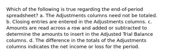 Which of the following is true regarding the end-of-period spreadsheet? a. The Adjustments columns need not be totaled. b. <a href='https://www.questionai.com/knowledge/kosjhwC4Ps-closing-entries' class='anchor-knowledge'>closing entries</a> are entered in the Adjustments columns. c. Amounts are read across a row and added or subtracted to determine the amounts to insert in the Adjusted Trial Balance columns. d. The difference in the totals of the Adjustments columns indicates the net income or loss for the period.