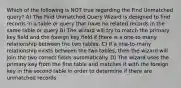 Which of the following is NOT true regarding the Find Unmatched query? A) The Find Unmatched Query Wizard is designed to find records in a table or query that have no related records in the same table or query B) The wizard will try to match the primary key field and the foreign key field if there is a one-to-many relationship between the two tables. C) If a one-to-many relationship exists between the two tables, then the wizard will join the two correct fields automatically. D) The wizard uses the primary key from the first table and matches it with the foreign key in the second table in order to determine if there are unmatched records.