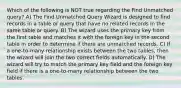 Which of the following is NOT true regarding the Find Unmatched query? A) The Find Unmatched Query Wizard is designed to find records in a table or query that have no related records in the same table or query. B) The wizard uses the primary key from the first table and matches it with the foreign key in the second table in order to determine if there are unmatched records. C) If a one-to-many relationship exists between the two tables, then the wizard will join the two correct fields automatically. D) The wizard will try to match the primary key field and the foreign key field if there is a one-to-many relationship between the two tables.