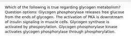 Which of the following is true regarding glycogen metabolism? Question options: Glycogen phosphorylase releases free glucose from the ends of glycogen. The activation of PKA is downstream of insulin signaling in muscle cells. Glycogen synthase is activated by phosporylation. Glycogen phosphorylase kinase activates glycogen phosphorylase through phosphorylation.