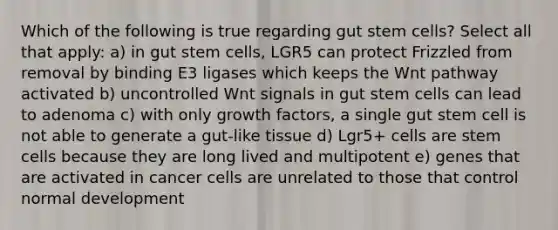 Which of the following is true regarding gut stem cells? Select all that apply: a) in gut stem cells, LGR5 can protect Frizzled from removal by binding E3 ligases which keeps the Wnt pathway activated b) uncontrolled Wnt signals in gut stem cells can lead to adenoma c) with only growth factors, a single gut stem cell is not able to generate a gut-like tissue d) Lgr5+ cells are stem cells because they are long lived and multipotent e) genes that are activated in cancer cells are unrelated to those that control normal development