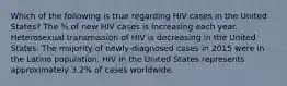 Which of the following is true regarding HIV cases in the United States? The % of new HIV cases is increasing each year. Heterosexual transmission of HIV is decreasing in the United States. The majority of newly-diagnosed cases in 2015 were in the Latino population. HIV in the United States represents approximately 3.2% of cases worldwide.