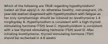 Which of the following are TRUE regarding hypothyroidism? (select all that apply) A. An otherwise healthy, non-pregnant, 25-year-old woman diagnosed with hypothyroidism with fatigue as her only symptom/sign should be initiated on levothyroxine 1.6 mcg/kg/day B. Hypothyroidism is consistent with a high thyroid stimulating hormone (TSH) level C. Hypothyroidism is consistent with a low thyroid stimulating hormone (TSH) level D. After initiating levothyroxine, thyroid stimulating hormone (TSH) should be rechecked in 4-6 weeks