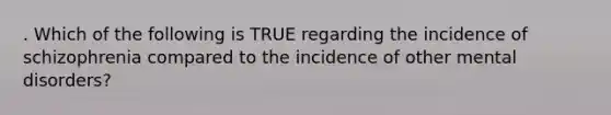 . Which of the following is TRUE regarding the incidence of schizophrenia compared to the incidence of other mental disorders?