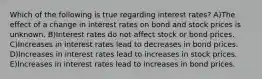 Which of the following is true regarding interest rates? A)The effect of a change in interest rates on bond and stock prices is unknown. B)Interest rates do not affect stock or bond prices. C)Increases in interest rates lead to decreases in bond prices. D)Increases in interest rates lead to increases in stock prices. E)Increases in interest rates lead to increases in bond prices.