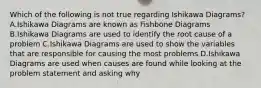 Which of the following is not true regarding Ishikawa Diagrams? A.Ishikawa Diagrams are known as Fishbone Diagrams B.Ishikawa Diagrams are used to identify the root cause of a problem C.Ishikawa Diagrams are used to show the variables that are responsible for causing the most problems D.Ishikawa Diagrams are used when causes are found while looking at the problem statement and asking why