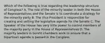 Which of the following is true regarding the leadership structure of Congress? A. The role of the minority leader in both the House of Representatives and the Senate is to coordinate a strategy for the minority party B. The Vice President is responsible for creating and setting the legislative agenda for the Senate C. The Speaker of the House has very little power to control members of the majority party in the House of Representatives D. The majority leaders in borsht chambers work to ensure that a bipartisan agenda is passed in the Congress