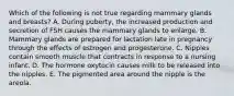 Which of the following is not true regarding mammary glands and breasts? A. During puberty, the increased production and secretion of FSH causes the mammary glands to enlarge. B. Mammary glands are prepared for lactation late in pregnancy through the effects of estrogen and progesterone. C. Nipples contain smooth muscle that contracts in response to a nursing infant. D. The hormone oxytocin causes milk to be released into the nipples. E. The pigmented area around the nipple is the areola.