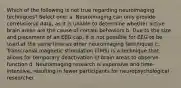 Which of the following is not true regarding neuroimaging techniques? Select one: a. Neuroimaging can only provide correlational data, as it is unable to determine whether active brain areas are the cause of certain behaviors b. Due to the size and placement of an EEG cap, it is not possible for EEG to be used at the same time as other neuroimaging techniques c. Transcranial magnetic stimulation (TMS) is a technique that allows for temporary deactivation of brain areas to observe function d. Neuroimaging research is expensive and time-intensive, resulting in fewer participants for neuropsychological researcher