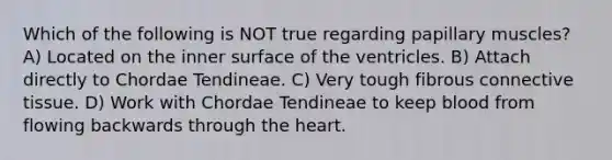 Which of the following is NOT true regarding papillary muscles? A) Located on the inner surface of the ventricles. B) Attach directly to Chordae Tendineae. C) Very tough fibrous <a href='https://www.questionai.com/knowledge/kYDr0DHyc8-connective-tissue' class='anchor-knowledge'>connective tissue</a>. D) Work with Chordae Tendineae to keep blood from flowing backwards through <a href='https://www.questionai.com/knowledge/kya8ocqc6o-the-heart' class='anchor-knowledge'>the heart</a>.