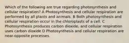 Which of the following are true regarding photosynthesis and cellular respiration? A Photosynthesis and cellular respiration are performed by all plants and animals. B Both photosynthesis and cellular respiration occur in the chloroplasts of a cell. C Photosynthesis produces carbon dioxide, and cellular respiration uses carbon dioxide D Photosynthesis and cellular respiration are near-opposite processes.