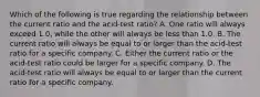 Which of the following is true regarding the relationship between the current ratio and the acid-test ratio? A. One ratio will always exceed 1.0, while the other will always be less than 1.0. B. The current ratio will always be equal to or larger than the acid-test ratio for a specific company. C. Either the current ratio or the acid-test ratio could be larger for a specific company. D. The acid-test ratio will always be equal to or larger than the current ratio for a specific company.