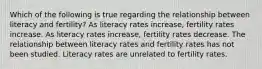 Which of the following is true regarding the relationship between literacy and fertility? As literacy rates increase, fertility rates increase. As literacy rates increase, fertility rates decrease. The relationship between literacy rates and fertility rates has not been studied. Literacy rates are unrelated to fertility rates.