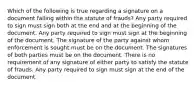 Which of the following is true regarding a signature on a document falling within the statute of frauds? Any party required to sign must sign both at the end and at the beginning of the document. Any party required to sign must sign at the beginning of the document. The signature of the party against whom enforcement is sought must be on the document. The signatures of both parties must be on the document. There is no requirement of any signature of either party to satisfy the statute of frauds. Any party required to sign must sign at the end of the document.