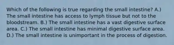 Which of the following is true regarding the small intestine? A.) The small intestine has access to lymph tissue but not to the bloodstream. B.) The small intestine has a vast digestive surface area. C.) The small intestine has minimal digestive surface area. D.) The small intestine is unimportant in the process of digestion.