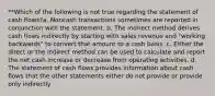 **Which of the following is not true regarding the statement of cash flows?a. Noncash transactions sometimes are reported in conjunction with the statement. b. The indirect method derives cash flows indirectly by starting with sales revenue and "working backwards" to convert that amount to a cash basis. c. Either the direct or the indirect method can be used to calculate and report the net cash increase or decrease from operating activities. d. The statement of cash flows provides information about cash flows that the other statements either do not provide or provide only indirectly