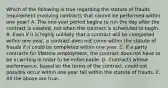 Which of the following is true regarding the statute of frauds requirement involving contracts that cannot be performed within one year? A. The one-year period begins to run the day after the contract is created, not when the contract is scheduled to begin. B. Even if it is highly unlikely that a contract will be completed within one year, a contract does not come within the statute of frauds if it could be completed within one year. C. If a party contracts for lifetime employment, the contract does not have to be in writing in order to be enforceable. D. Contracts whose performance, based on the terms of the contract, could not possibly occur within one year fall within the statute of frauds. E. All the above are true.