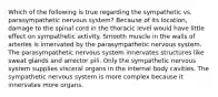 Which of the following is true regarding the sympathetic vs. parasympathetic nervous system? Because of its location, damage to the spinal cord in the thoracic level would have little effect on sympathetic activity. Smooth muscle in the walls of arteries is innervated by the parasympathetic nervous system. The parasympathetic nervous system innervates structures like sweat glands and arrector pili. Only the sympathetic nervous system supplies visceral organs in the internal body cavities. The sympathetic nervous system is more complex because it innervates more organs.