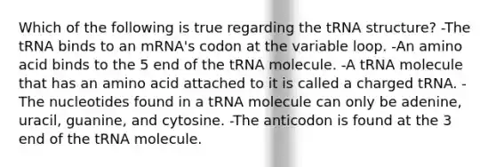 Which of the following is true regarding the tRNA structure? -The tRNA binds to an mRNA's codon at the variable loop. -An amino acid binds to the 5 end of the tRNA molecule. -A tRNA molecule that has an amino acid attached to it is called a charged tRNA. -The nucleotides found in a tRNA molecule can only be adenine, uracil, guanine, and cytosine. -The anticodon is found at the 3 end of the tRNA molecule.