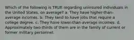 Which of the following is TRUE regarding uninsured individuals in the United States, on average? a. They have higher-than-average incomes. b. They tend to have jobs that require a college degree. c. They have lower-than-average incomes. d. Approximately two-thirds of them are in the family of current or former military personnel.