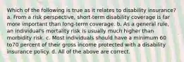 Which of the following is true as it relates to disability insurance? a. From a risk perspective, short-term disability coverage is far more important than long-term coverage. b. As a general rule, an individual's mortality risk is usually much higher than morbidity risk. c. Most individuals should have a minimum 60 to70 percent of their gross income protected with a disability insurance policy. d. All of the above are correct.