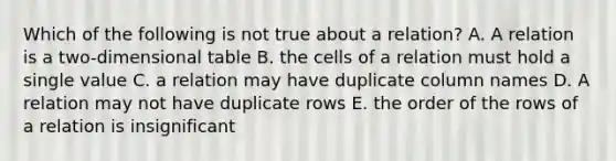 Which of the following is not true about a relation? A. A relation is a two-dimensional table B. the cells of a relation must hold a single value C. a relation may have duplicate column names D. A relation may not have duplicate rows E. the order of the rows of a relation is insignificant