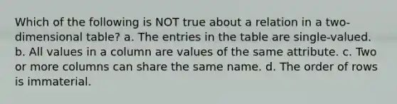 Which of the following is NOT true about a relation in a two-dimensional table? a. The entries in the table are single-valued. b. All values in a column are values of the same attribute. c. Two or more columns can share the same name. d. The order of rows is immaterial.