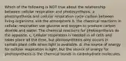 Which of the following is NOT true about the relationship between cellular respiration and photosynthesis. a. photosynthesis and cellular respiration cycle carbon between living organisms and the atmosphere b. the chemical reactions in cellular respiration use glucose and oxygen to produce carbon dioxide and water. The chemical reactions for photosynthesis do the opposite. c. Cellular respiration is needed in all cells and takes place all the time, but photosynthesis only occurs in certain plant cells when light is available. d. the source of energy for cellular respiration is light, but the source of energy for photosynthesis is the chemical bonds in carbohydrate molecules.