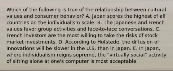 Which of the following is true of the relationship between cultural values and consumer behavior? A. Japan scores the highest of all countries on the individualism scale. B. The Japanese and French values favor group activities and face-to-face conversations. C. French investors are the most willing to take the risks of stock market investments. D. According to Hofstede, the diffusion of innovations will be slower in the U.S. than in Japan. E. In Japan, where individualism reigns supreme, the "virtually social" activity of sitting alone at one's computer is most acceptable.