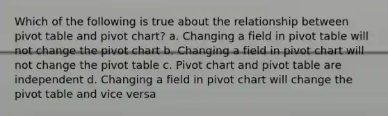 Which of the following is true about the relationship between pivot table and pivot chart? a. Changing a field in pivot table will not change the pivot chart b. Changing a field in pivot chart will not change the pivot table c. Pivot chart and pivot table are independent d. Changing a field in pivot chart will change the pivot table and vice versa