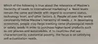 Which of the following is true about the relevance of Maslow's hierarchy of needs to international marketing? a. Need levels remain the same worldwide with regard to economic status, technology level, and other factors. b. People all over the world consistently follow Maslow's hierarchy of needs. c. In developing economies, people may forgo meeting some physiological needs or safety needs in order to purchase higher-level products such as cell phones and automobiles. d. In countries that are characterized by substantial poverty, the focus is on satisfying self-actualization needs.