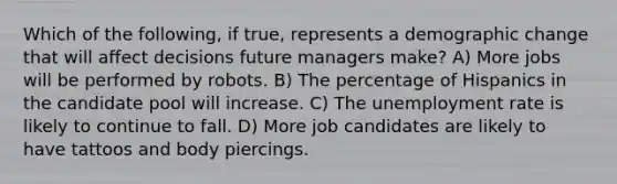 Which of the following, if true, represents a demographic change that will affect decisions future managers make? A) More jobs will be performed by robots. B) The percentage of Hispanics in the candidate pool will increase. C) The unemployment rate is likely to continue to fall. D) More job candidates are likely to have tattoos and body piercings.