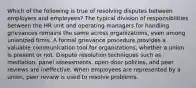 Which of the following is true of resolving disputes between employers and employees? The typical division of responsibilities between the HR unit and operating managers for handling grievances remains the same across organizations, even among unionized firms. A formal grievance procedure provides a valuable communication tool for organizations, whether a union is present or not. Dispute resolution techniques such as mediation, panel assessments, open-door policies, and peer reviews are ineffective. When employees are represented by a union, peer review is used to resolve problems.