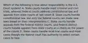 Which of the following is true about responsibility is the U.S. Court system? A. State courts handle most criminal and civil trials, whereas federal courts address constitutional law and appeals from state courts of last resort B. State courts handle constitutional law, but only the federal courts can make new laws based on their interpretations C. State courts handle appeals from the federal district courts, and federal district courts handle appeals from state courts as a check on the power of the courts D. State courts handle local trial courts and most cases though the federal court has authority to select certain cases to hear